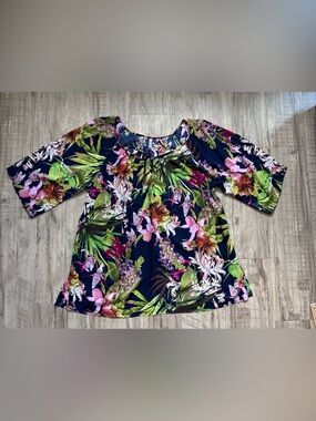 Floral botanical print Navy Women’s tunic Top summer tropical comfort fair trade